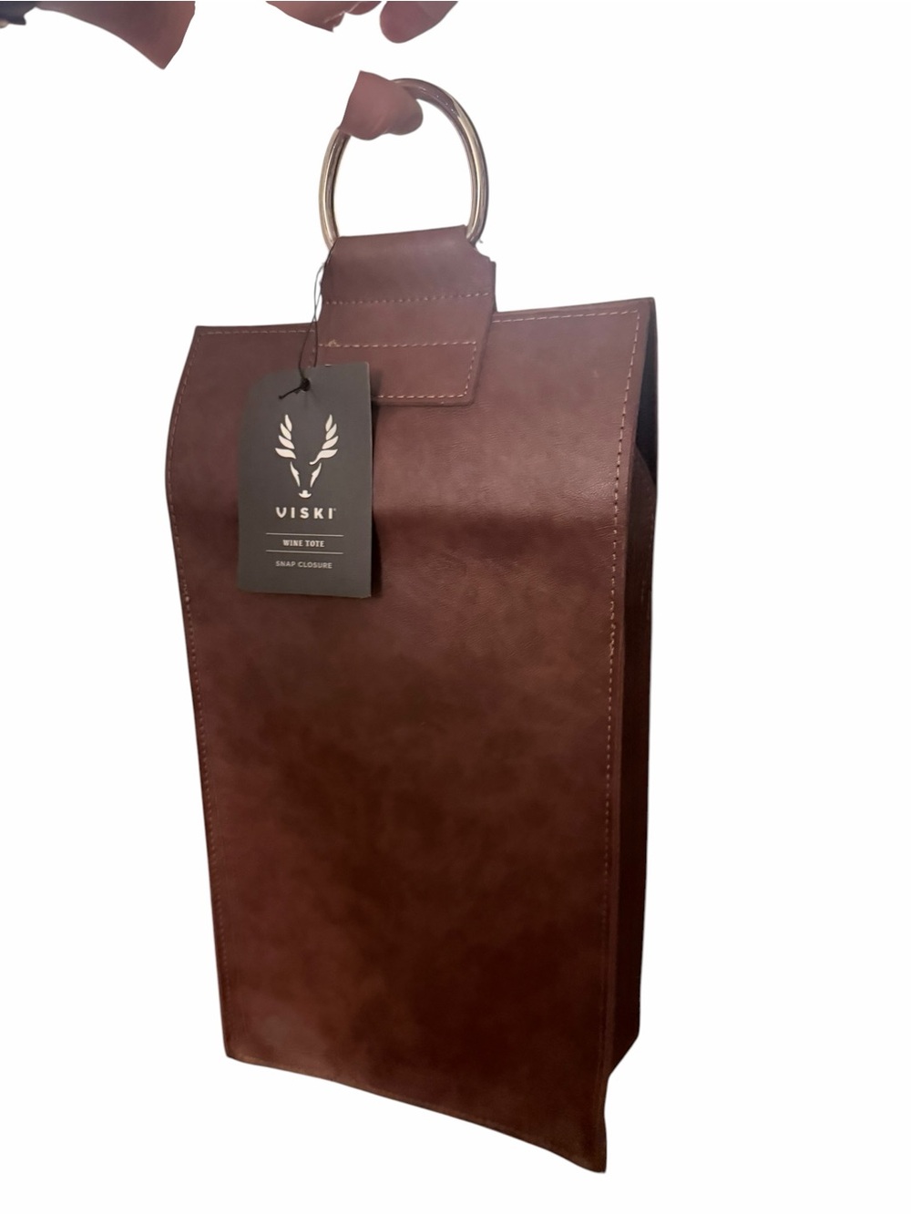 Viski Brown Leather Wine Tote with Metal Handle NWT